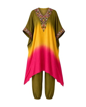 Festive Ombre Raw Silk Kaftan Top and Olive Pants Two-Piece Set - Two-Piece Set - Mizyana