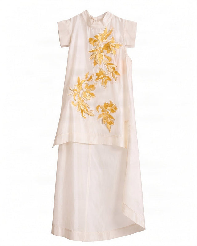 Fifi Butter Yellow Floral Patchwork Chanderi Silk Co-ord Set - Co-ord Set - Mizyana