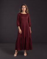 Flared Mulberry Silk Midi Dress with Side Gathers - Dress - Mizyana