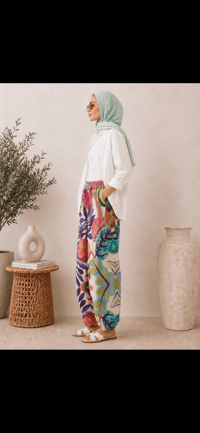 Floral Print Balloon Leg Linen Trousers - Trousers - Mizyana