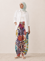 Floral Print Balloon Leg Linen Trousers - Trousers - Mizyana