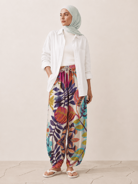 Floral Print Balloon Leg Linen Trousers - Trousers - Mizyana