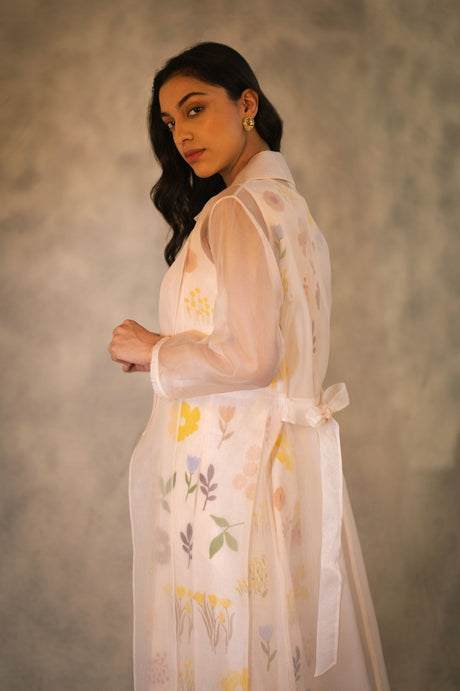 Floral Print Linen Jumpsuit With Organza Jacket In Peach - Two-Piece Set - Mizyana