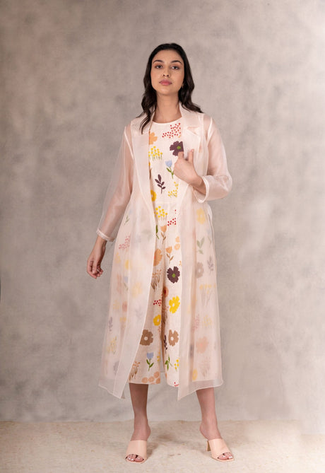 Floral Print Linen Jumpsuit With Organza Jacket In Peach - Two-Piece Set - Mizyana