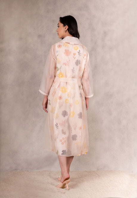 Floral Print Linen Jumpsuit With Organza Jacket In Peach - Two-Piece Set - Mizyana