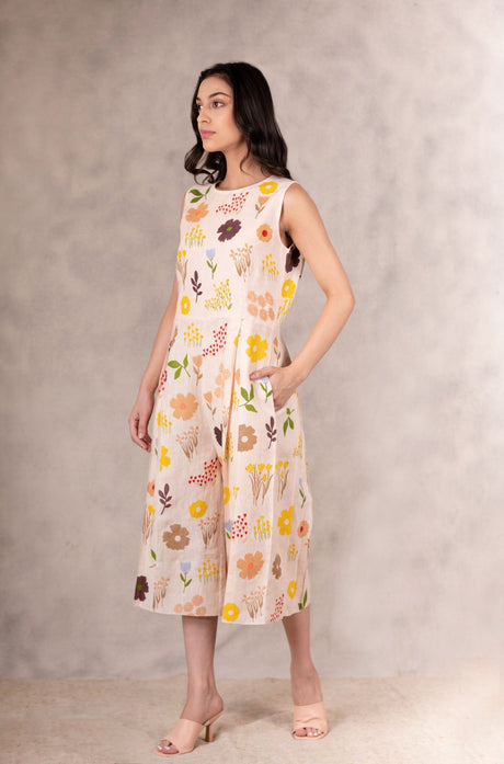 Floral Print Linen Jumpsuit With Organza Jacket In Peach - Two-Piece Set - Mizyana