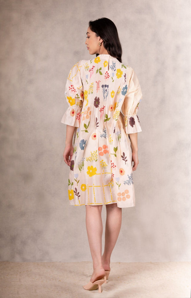 Floral Print Pink Tuck Dress With Handmade Details In Chanderi - Dress - Mizyana