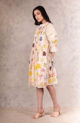 Floral Print Pink Tuck Dress With Handmade Details In Chanderi - Dress - Mizyana