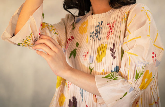 Floral Print Pink Tuck Dress With Handmade Details In Chanderi - Dress - Mizyana