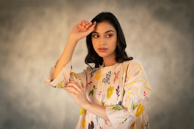 Floral Print Pink Tuck Dress With Handmade Details In Chanderi - Dress - Mizyana
