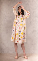 Floral Print Pink Tuck Dress With Handmade Details In Chanderi - Dress - Mizyana