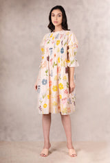 Floral Print Pink Tuck Dress With Handmade Details In Chanderi - Dress - Mizyana