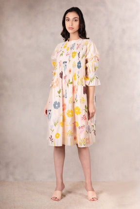 Floral Print Pink Tuck Dress With Handmade Details In Chanderi - Dress - Mizyana