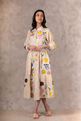 Floral Print Tiered Dress With Hand Made Details In Linen - Dress - Mizyana