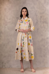Floral Print Tiered Dress With Hand Made Details In Linen - Dress - Mizyana