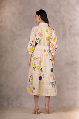 Floral Print Tiered Dress With Hand Made Details In Linen - Dress - Mizyana