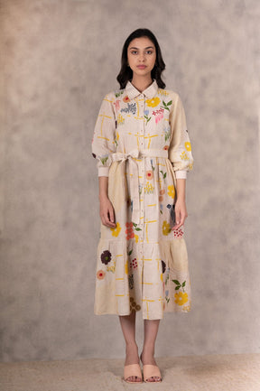 Floral Print Tiered Dress With Hand Made Details In Linen - Dress - Mizyana