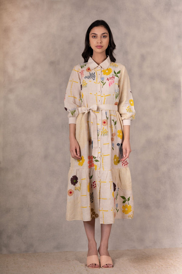 Floral Print Tiered Dress With Hand Made Details In Linen - Dress - Mizyana
