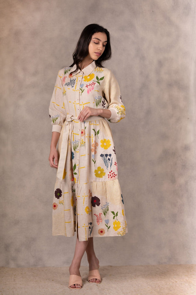 Floral Print Tiered Dress With Hand Made Details In Linen - Dress - Mizyana