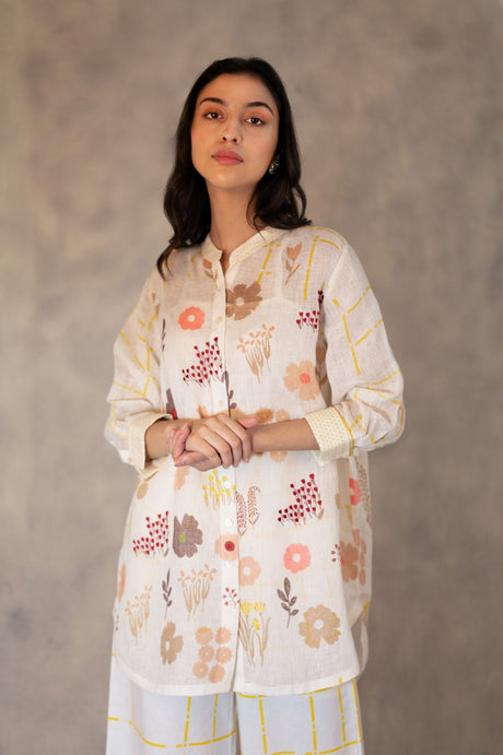 Floral Printed And Embroidered Long Shirt And Pants In Linen - Two-Piece Set - Mizyana