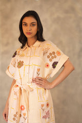 Floral Printed And Embroidered Shirt Dress /Tunic In Linen - Dress - Mizyana