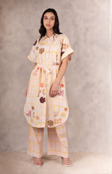 Floral Printed And Embroidered Shirt Dress /Tunic In Linen - Dress - Mizyana