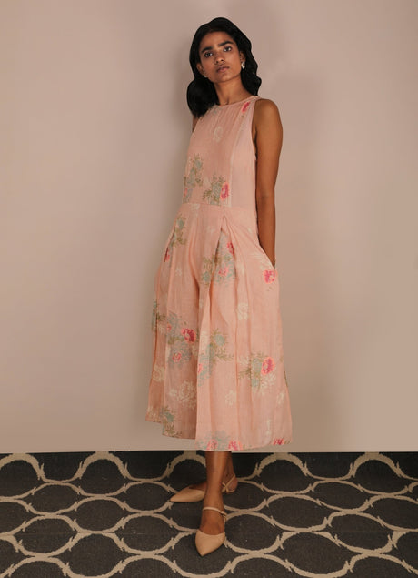Florence Rose Print Jumpsuit, model leaning, three-quarter side view