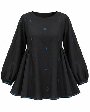 Flow Charcoal Jamdani Cotton Blouse with Back Tie - Blouse - Mizyana