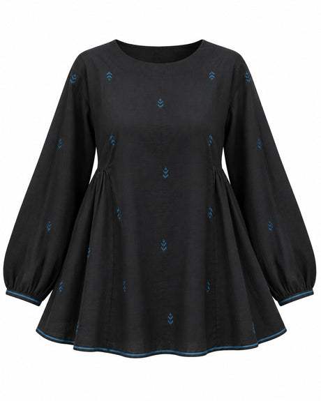 Flow Charcoal Jamdani Cotton Blouse with Back Tie - Blouse - Mizyana