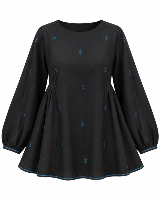 Flow Charcoal Jamdani Cotton Blouse with Back Tie - Blouse - Mizyana
