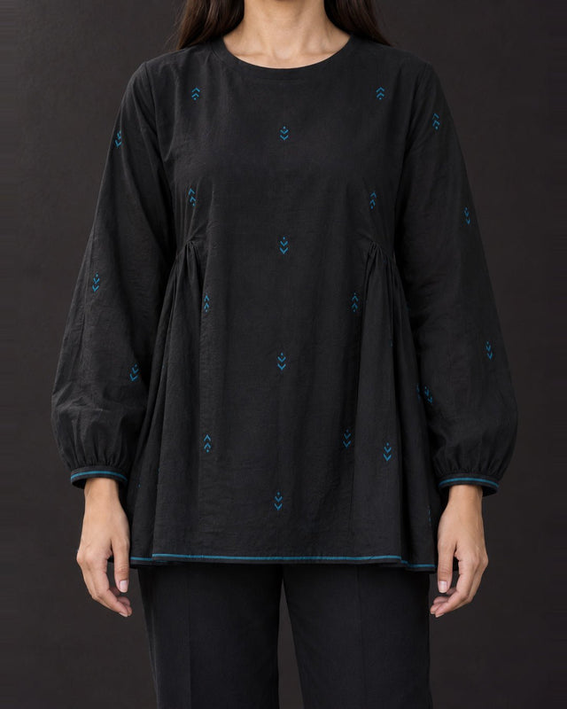 Flow Charcoal Jamdani Cotton Blouse with Back Tie - Blouse - Mizyana
