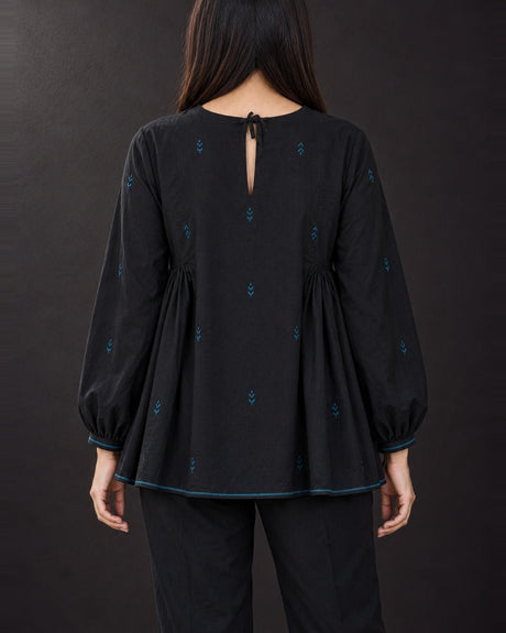 Flow Charcoal Jamdani Cotton Blouse with Back Tie - Blouse - Mizyana
