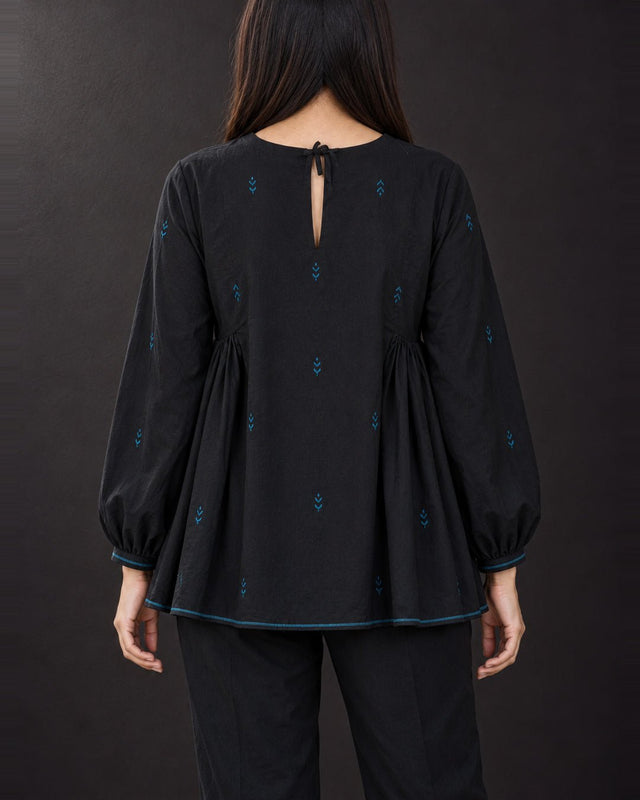 Flow Charcoal Jamdani Cotton Blouse with Back Tie - Blouse - Mizyana