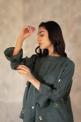 Forest Green Ahnd Embroidered Pin Tuck Top In Linen - Shirt - Mizyana