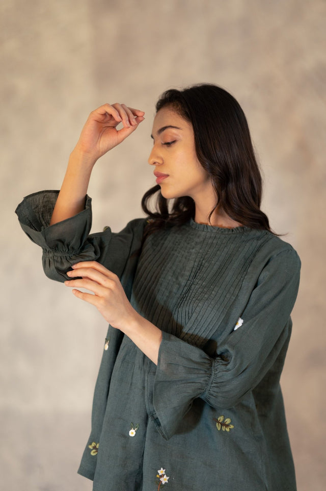 Forest Green Ahnd Embroidered Pin Tuck Top In Linen - Shirt - Mizyana