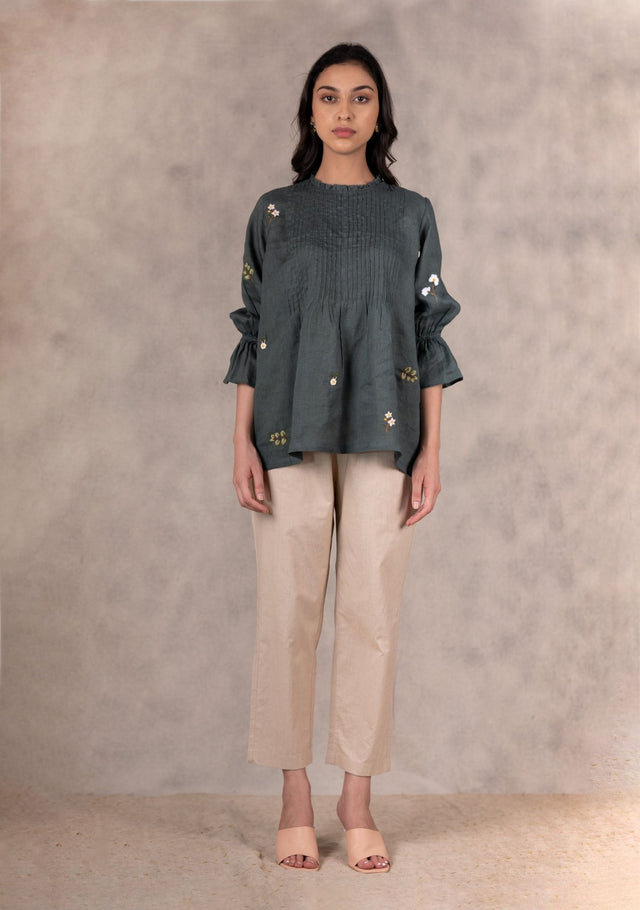 Forest Green Ahnd Embroidered Pin Tuck Top In Linen - Shirt - Mizyana