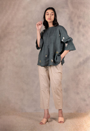 Forest Green Ahnd Embroidered Pin Tuck Top In Linen - Shirt - Mizyana