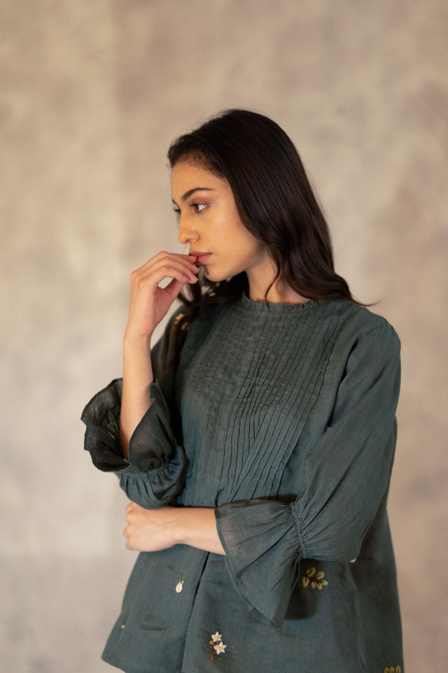 Forest Green Ahnd Embroidered Pin Tuck Top In Linen - Shirt - Mizyana