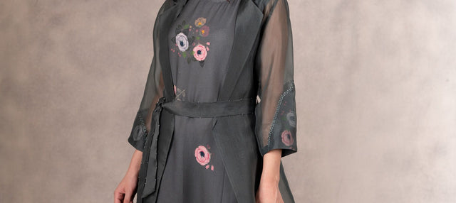 Forest Green Eden Print Dress And Jacket Set In Georgette Moss And Silk Organza With Hand Embroidery Details - Dress - Mizyana
