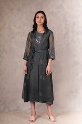 Forest Green Eden Print Dress And Jacket Set In Georgette Moss And Silk Organza With Hand Embroidery Details - Dress - Mizyana