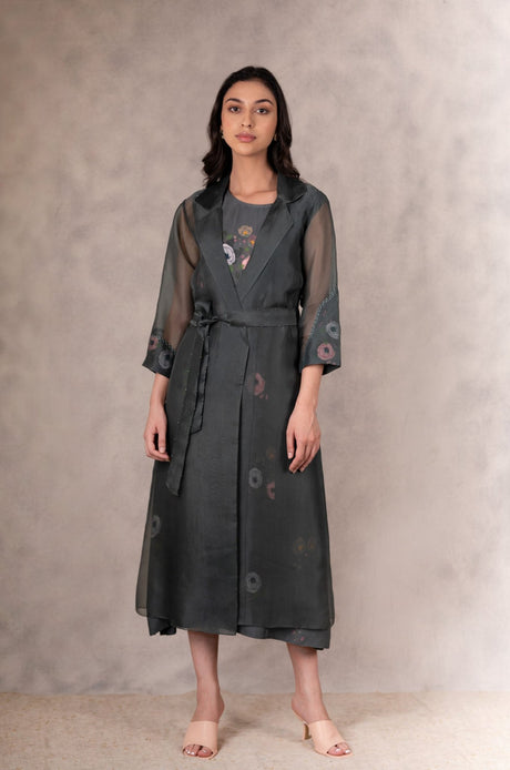 Forest Green Eden Print Dress And Jacket Set from ARCVSH by Pallavi Singh with sheer organza jacket, front view