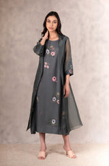 Forest Green Eden Print Dress And Jacket Set In Georgette Moss And Silk Organza With Hand Embroidery Details - Dress - Mizyana