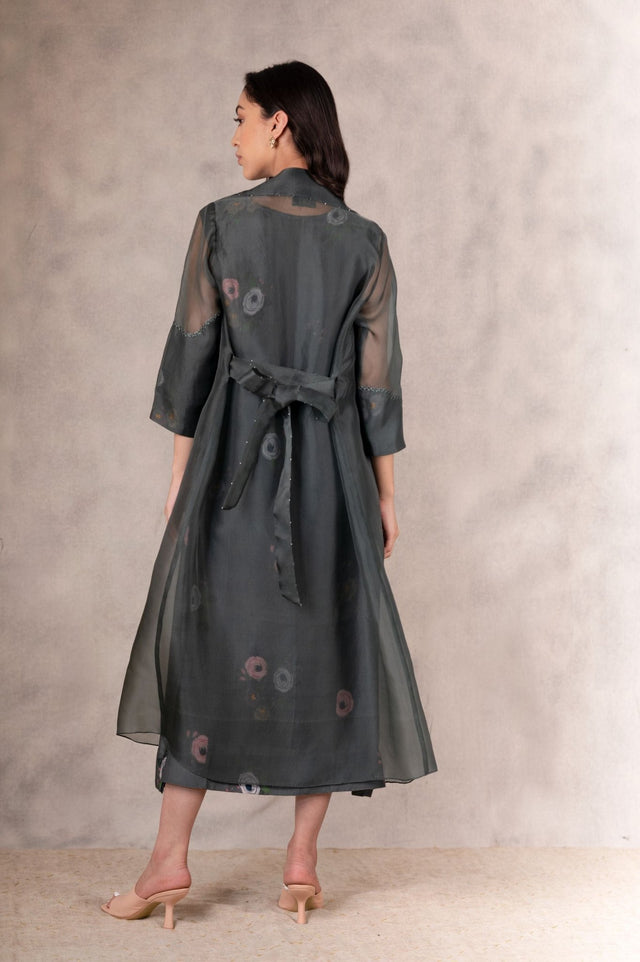Forest Green Eden Print Dress And Jacket Set In Georgette Moss And Silk Organza With Hand Embroidery Details - Dress - Mizyana