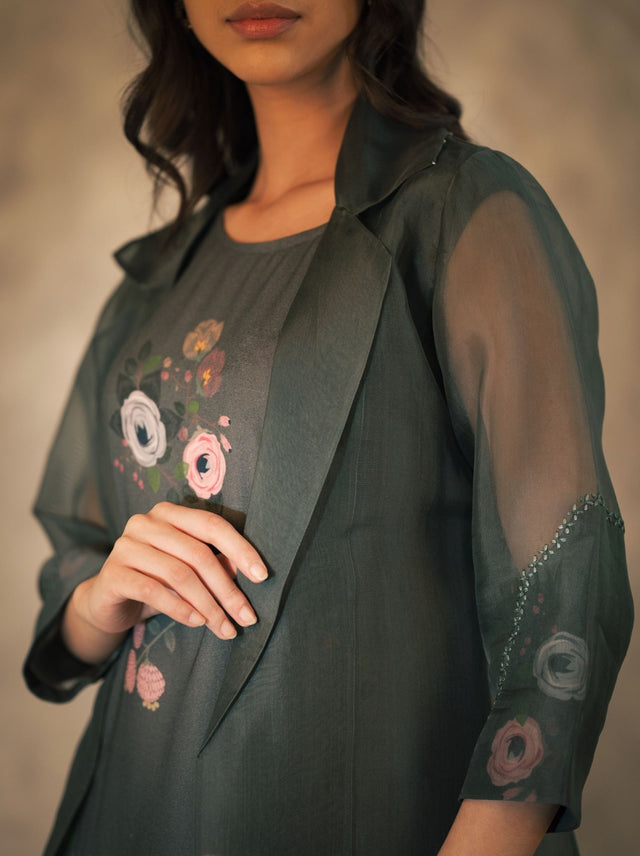 Forest Green Eden Print Dress And Jacket Set In Georgette Moss And Silk Organza With Hand Embroidery Details - Dress - Mizyana