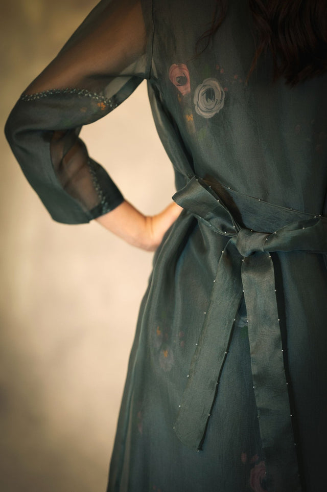 Forest Green Eden Print Dress And Jacket Set In Georgette Moss And Silk Organza With Hand Embroidery Details - Dress - Mizyana