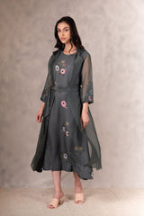 Forest Green Eden Print Dress And Jacket Set In Georgette Moss And Silk Organza With Hand Embroidery Details - Dress - Mizyana