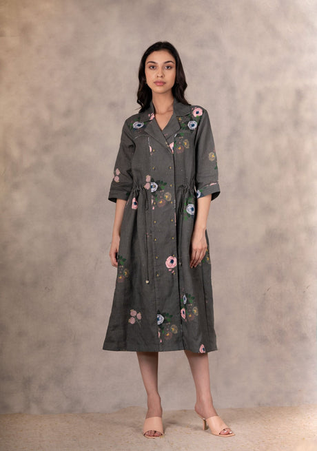 Forest Green Eden Print Shirt Dress in linen from ARCVSH by Pallavi Singh with floral print and lapel collar, front view