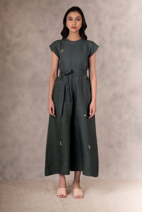 Forest Green Hand Embroidered Jumpsuit from ARCVSH by Pallavi Singh with cap sleeves and tie belt, front view