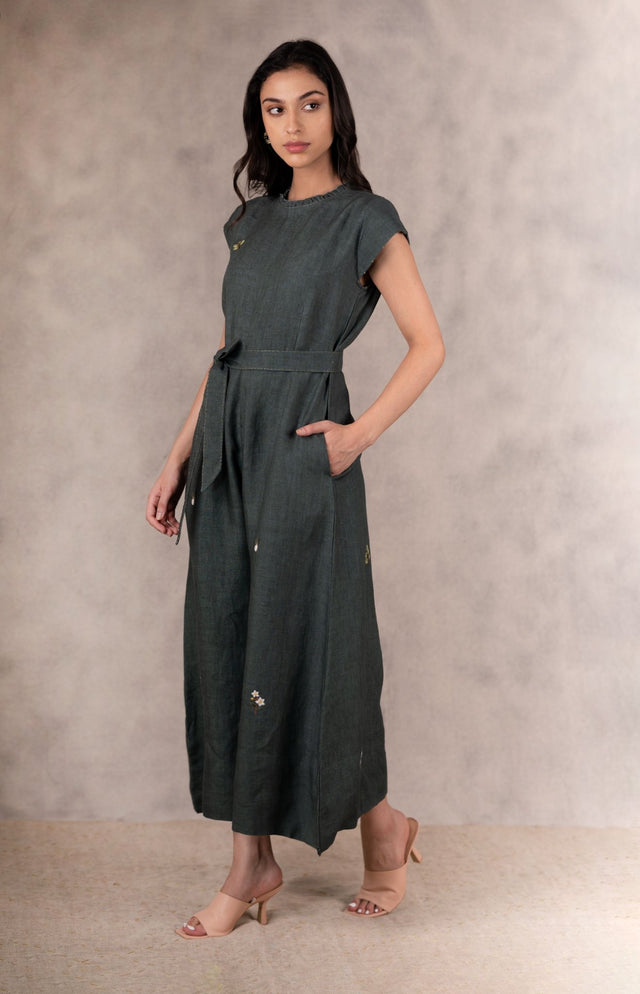 Forest Green Hand Embroidered Jumpsuit - Jumpsuit - Mizyana