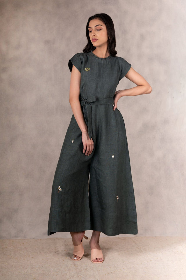 Forest Green Hand Embroidered Jumpsuit - Jumpsuit - Mizyana
